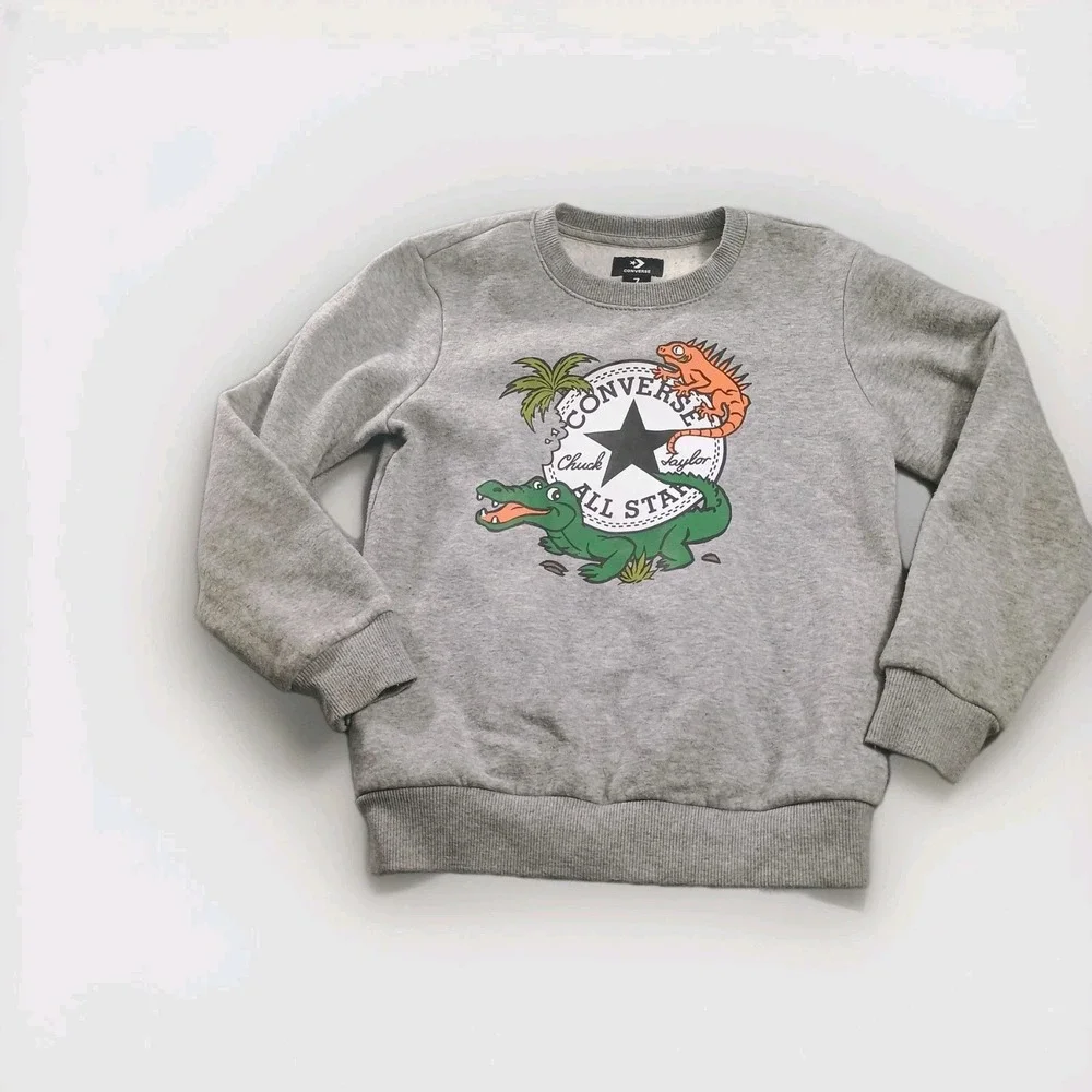 Converse Sweatshirt‎ Kids 7 Gray Fleece Pullover All Star Gator Graphic Top